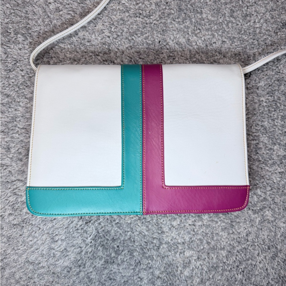 Vintage Austin Designs Leather Crossbody Bag White Colorblock Y2K 90s Teal Pink